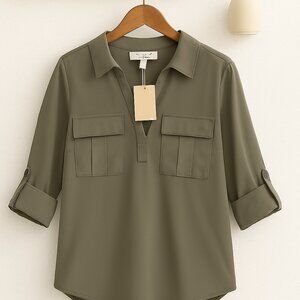 MICHAEL Michael Kors NWT Plus 1X Roll Tab Sleeve Army Green Knit Top